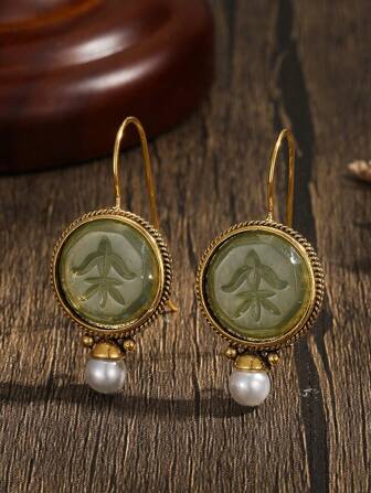 1 Pair Retro Elegant Green Earrings, Suitable For Daily Wear