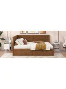 Twin Size Wood Daybed With 2 Drawers And Rustic Guardrail, Ancient Brown(Expected Arrival Time: 8.28),Youngth