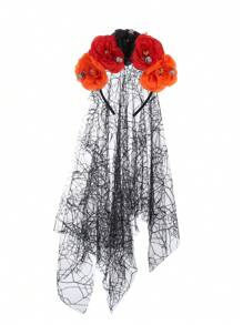 1 件涤纶黑色、红色和橙色骷髅形仿花万圣节头带，女士派对服装配饰 - 彩色 - 查看 2