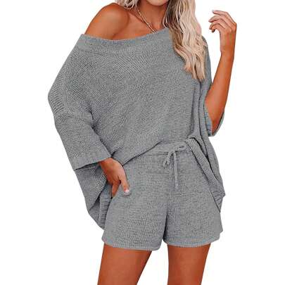 Womens 2 Piece Outfits Sweater Sets Off Shoulder Knit Tops Waist Short Suits Casual  Set