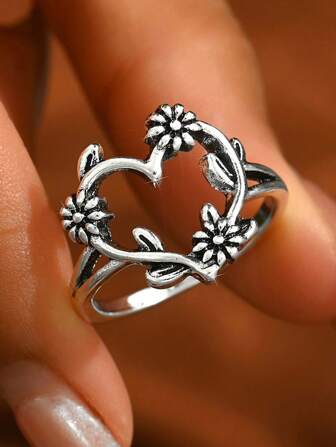 1 件波西米亚风格复古银质心形、叶子和花朵装饰戒指，适合女士、日常佩戴情人节