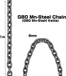 BriSunshine G80 Kettengehänge Schwerlast Manganstahl Anschlagkette 4 Strang Krankette zum Heben,mit 6.4T Tragfähigkeit (8mmx1.45m)