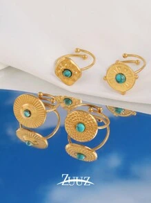 1pc Stainless Steel Ladies' Ring Geometric Circle 18k Gold Plated Blue Natural Turquoise Chain Style Turquoise Decor Cuff Ring Jewelry Best Friends Gifts