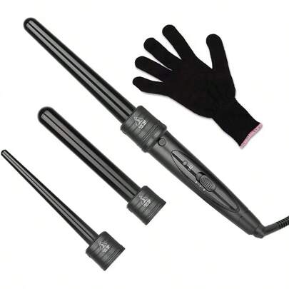 3-In-1 Hair Curler Set With 25mm, 18-25mm And 9-18mm Interchangeable Barrels, Black Ceramic Coated, Includes 1 Glove