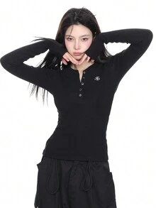 美国性感 V 领针织长袖 T 恤女款修身春秋罗纹半开领紧身汗衫上衣