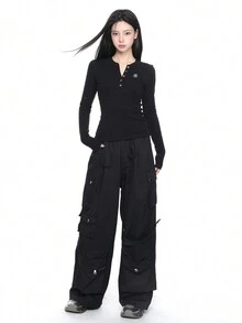 美国性感 V 领针织长袖 T 恤女款修身春秋罗纹半开领紧身汗衫上衣