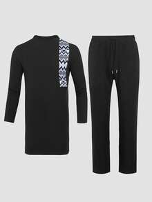 Bộ 2 quần in họa tiết Dashiki màu đen cho nam, cổ tròn, khóa kéo vai, quần cạp chun, trang phục châu Phi, bộ áo sơ mi và quần dài thường ngày cho nam, phong cách mới 4 mùa, phong cách đường phố, tiệc tùng, hẹn hò - màu đen - Xem 2