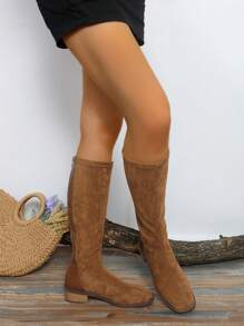 Round Toe Knee-High Thick Heel Boots For Women, Fashion Suede Leather Patchwork Slim Design Mid-Calf Boots For Autumn/Winter