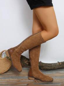 Round Toe Knee-High Thick Heel Boots For Women, Fashion Suede Leather Patchwork Slim Design Mid-Calf Boots For Autumn/Winter