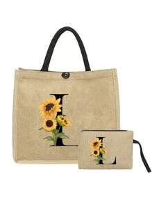 2pcs Linen Tote Bag Set, Including 1 Bag Printed With Letters A-Z And 1 Floral Printed Pouch, Sunflower Floral Print, Letter, Flower Pattern, Personalized Gift Packaging, Yellow Linen Black Tote Bag With Black Snap Closure, Bag Set - Khaki - View 12