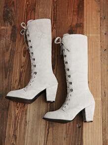 2025 Autumn/Winter Plus Size European & American Fashion Lace-Up Roman Knight Boots For Women, Black Waterproof Platform High Shaft Round Toe Thick High Heel Tall Boots