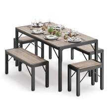 5 Piece Dining Table Set, Table And Chairs Set, Kitchen Table Set With Metal Frame With 2 Benches And 2 Stools For Kitchen, Dining Room, Available In Black, Gray And Retro Colors - Xám - Xem 4