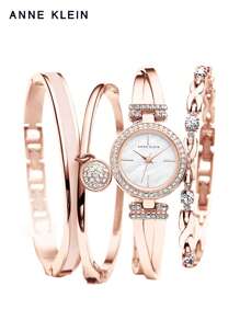Anne Klein Women's Crystal Accented Bangle Bracelet Watch Set With Three Luxury Rose Gold Bracelets Diamond Dial Quartz Watch Ladies Elegant Gift Watch Set,AK/2238RGST - Gold - View 2