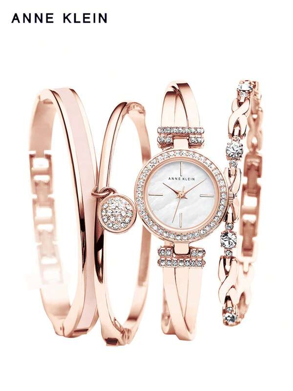 Anne Klein Women's Crystal Accented Bangle Bracelet Watch Set With Three Luxury Rose Gold Bracelets Diamond Dial Quartz Watch Ladies Elegant Gift Watch Set,AK/2238RGST