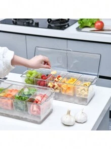 1pc  5 Grid Salad Tray - Transparent Plastic Seasoning Server Set With Lid, Suitable For Home, Bar, Party, Barbecue - Fruit Container With Detachable Part - Fresh Box - Kitchen Entertainment Essentials - Clear - View 8