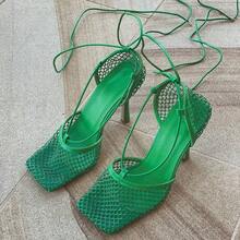 Tacones de aguja de malla con puntera cuadrada para mujer MUCCCUTE, sandalias sexy de tacón alto con cordones envolventes, color blanco 10cm - Verde - Ver 5
