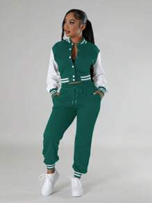 Women's Contrast Color Simple Long Sleeve Top And Pants 2pcs Set