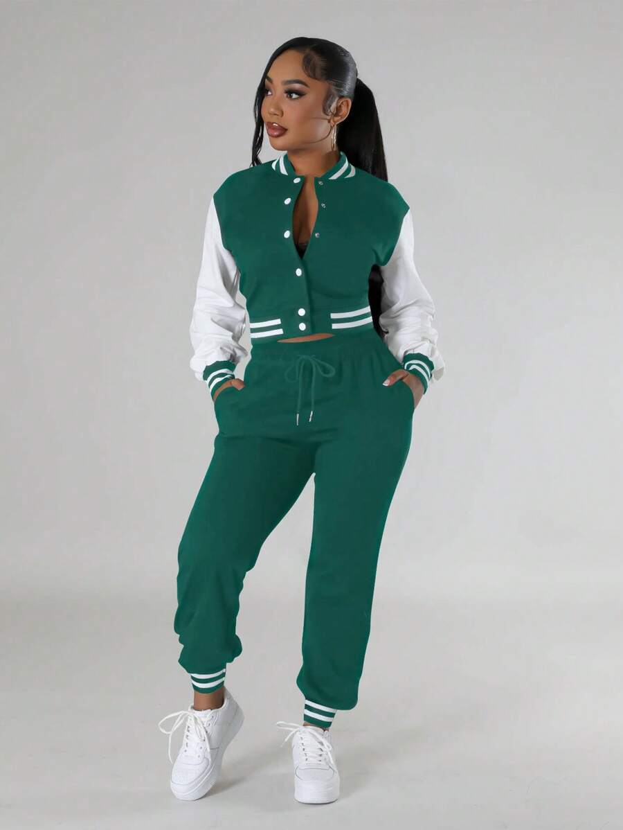 Women's Contrast Color Simple Long Sleeve Top And Pants 2pcs Set