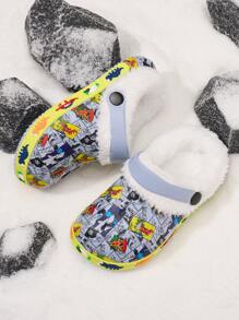 1 Pair Boys' Cartoon Dinosaur EVA Anti-Slip Warm Lined Comfortable Casual Indoor Slippers, Blue, Suitable For Winter - Dusty Blue - View 4