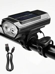 Conjunto de luces de bicicleta recargables USB alimentadas por energía solar, faro de bicicleta LED con luz de emergencia y bocina, resistente al agua, con 3 modos de iluminación