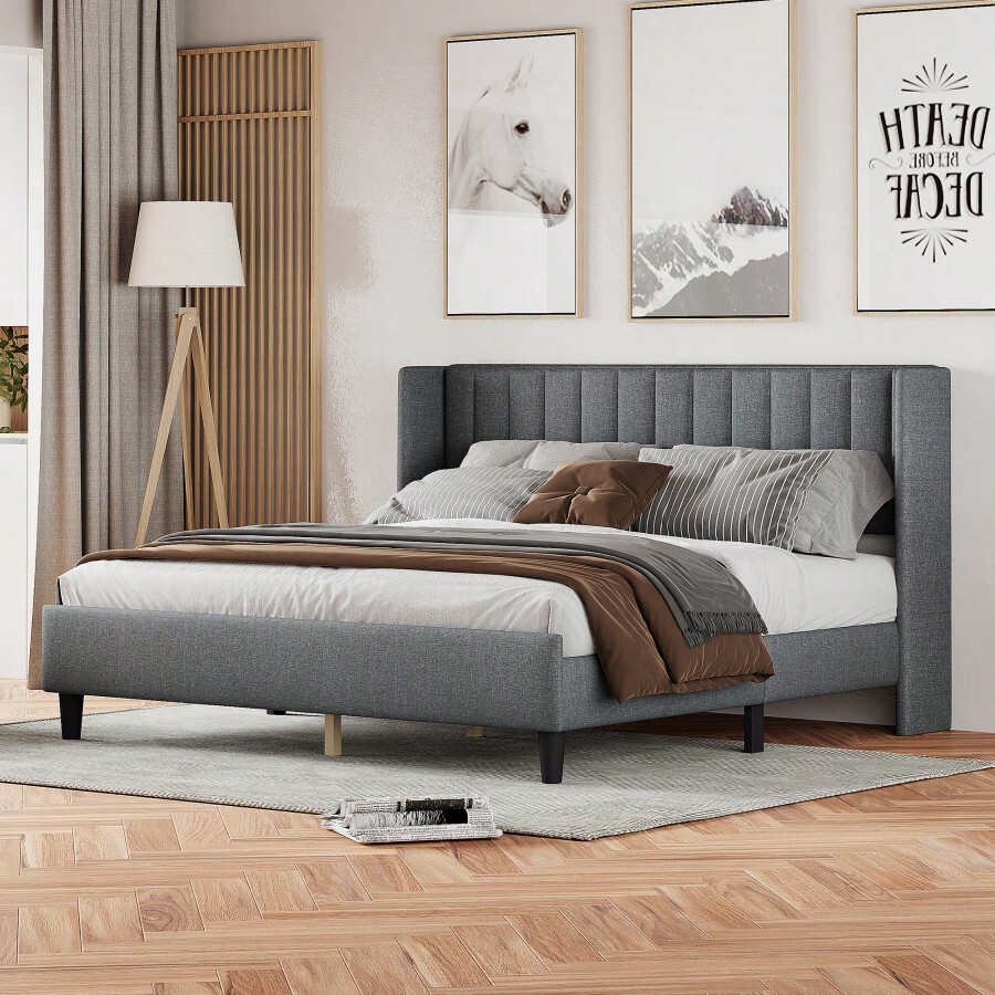 King Size Upholstered Platform Bed Frame With Headboard, Mattress