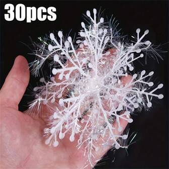 30pcs White Plastic Artificial Snowflake Pieces For Christmas Party Birthday Festival Decoration, Christmas Tree Ornament Set - Snowflake Hanging Decorations For Holiday & New Year Celebrations, No Power Needed, Halloween, Halloween Decoration