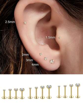 6 PIEZAS Pendientes pequeños de arete plano para la oreja, la nariz, el cartílago, con parte posterior plana, de acero inoxidable, de 16G, para mujeres