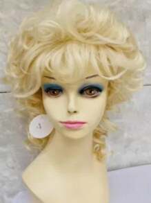 Medium Length Hairstyle Messy Feminine Layers Golden Wavy Synthetic Hair Wigs Full Bangs Daily Use, Halloween Wig - Gold - View 2