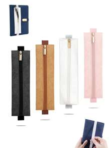 1pc Black/Brown/White/Pink Faux Leather Paper Pencil Case, Creative Zipper Closure Foldable Strap Design Large Capacity Durable Portable Stationery Storage Bag Suitable For Business Office, Students Back To School, Notebook, Planner, Books - Multicolor - View 5