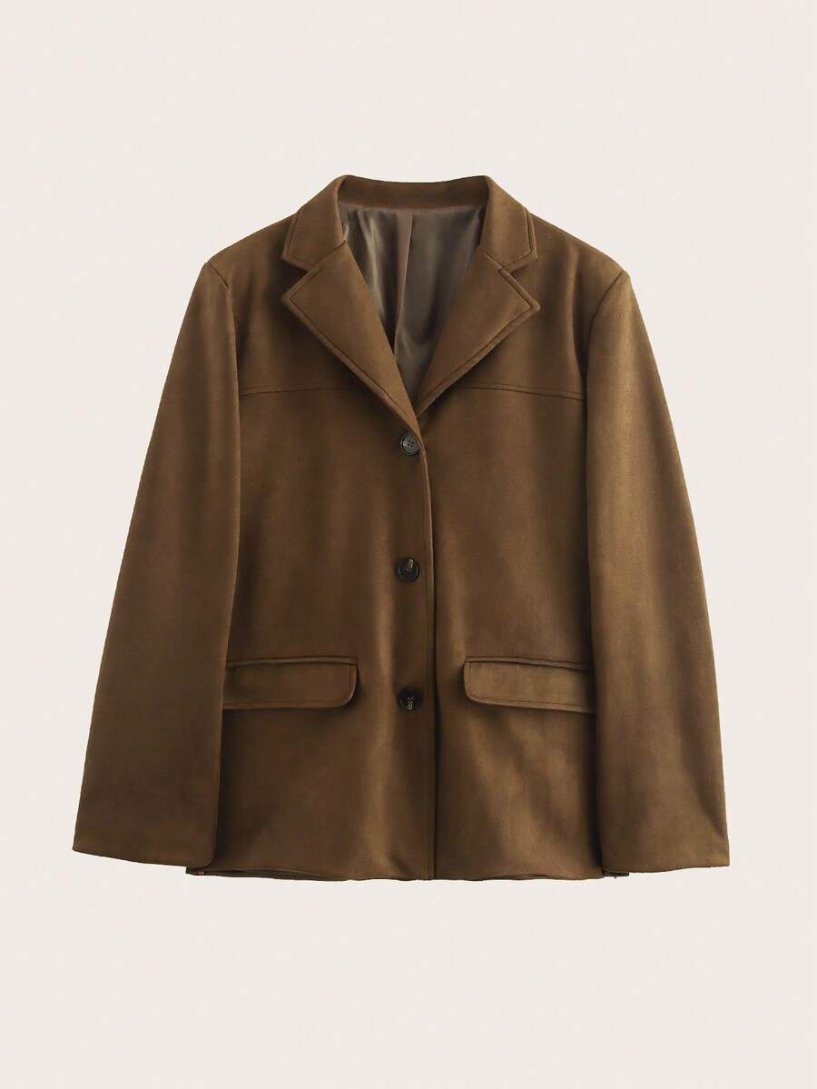 Women's Solid Color Notched Collar Long Sleeve Faux Suede Single-Breasted Blazer Jacket - Brown - View 1