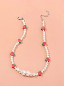 1pc Girls' Cute Soft Clay Strawberry Versatile Pearl Choker Necklace(The Strawberry May Be Little Different From Picture) - Multicolor - View 2