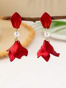 1 Pair Elegant Long Petal Tassel Pearl Red Earrings, Fashion Jewelry Gift For Women - Red - View 2