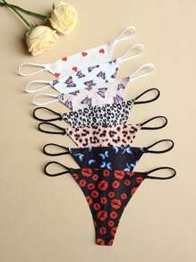 7-Piece Ladies' Low-Waisted G-String Panties With Thin Print Pattern Butterfly Love Women's Panties With Animal And Leopard Print Sexy Women's Underwear Seamless, Soft, Comfortable And Breathable