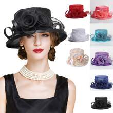 HIMESPORT Mũ nữ chủ đề Lễ hội đua ngựa Kentucky Derby, thích hợp cho các bữa tiệc cocktail, đám cưới, tiệc trà chiều, được trang trí bằng chấm bi và hoa, vành rộng. - màu đặc - Xem 12