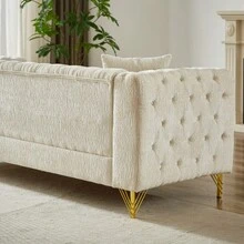 60-Inch Chenille Pull Buckle Design Sofa For Living Room, Buttons Tufted With Copper Nail Decoration Armrest, Modern Couch Upholstered Button And Metal Legs - 米色+雪尼爾+泡沫+2座如圖 - 查看 10