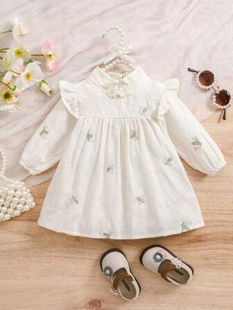 1 件女婴中国风立领刺绣婴儿连衣裙，优雅宫廷风婴儿春秋装，新生儿生日新年服装