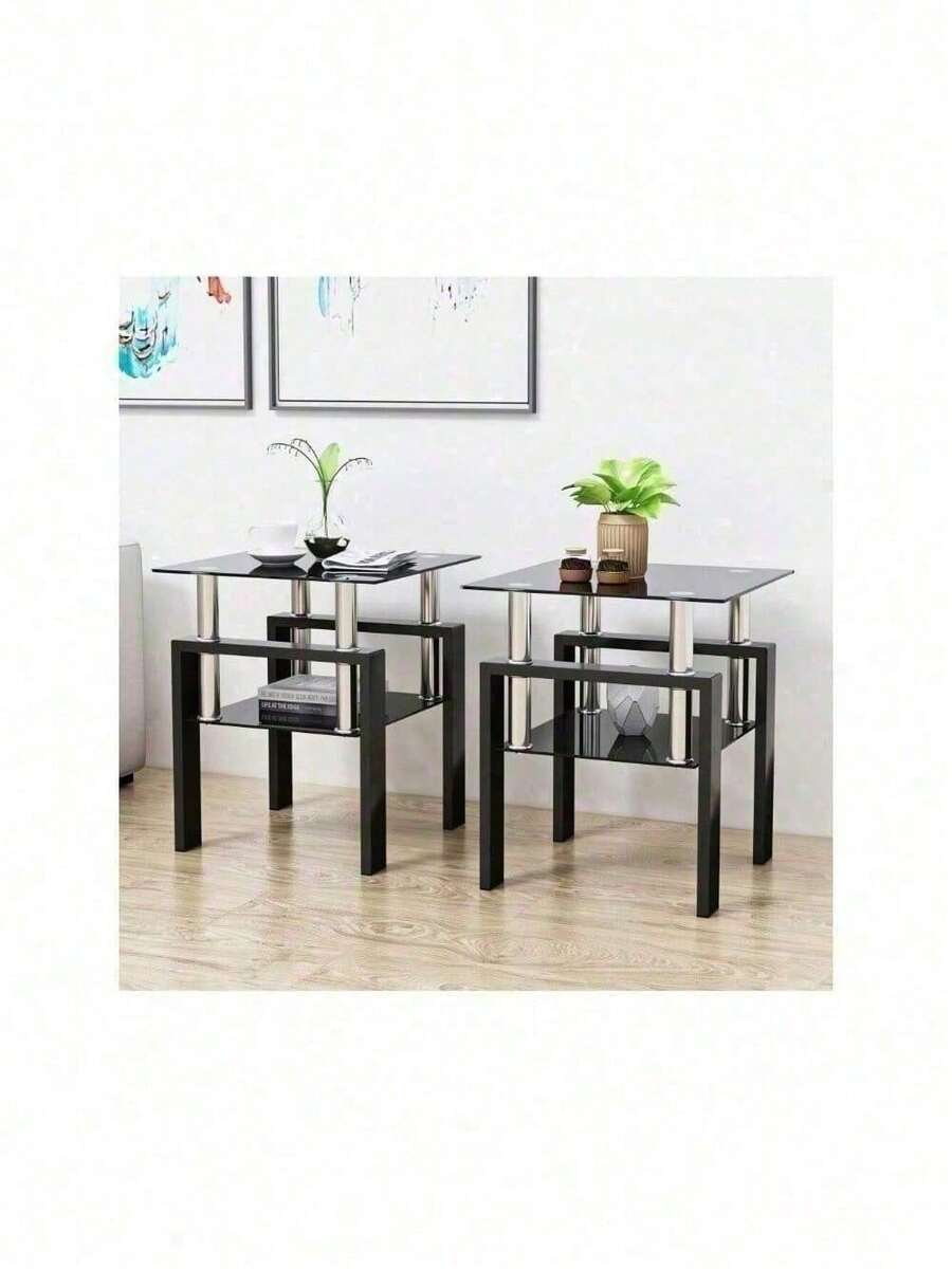 Set Of 2, Modern Tempered Glass Tea Table Coffee Table End Table, Square Table For Living Room, Transparent/Black - Đen + Kính Cường Lực-4 - Xem 1