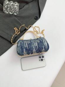 Fashionable Structured Asymmetrical Shape Chain Handle Evening Clutch - Blue - View 5