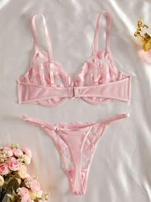 Women's Sexy Lingerie, Floral Embroidery Sheer Mesh Bra Set, Intimate Apparel For Bedroom, Nightclub