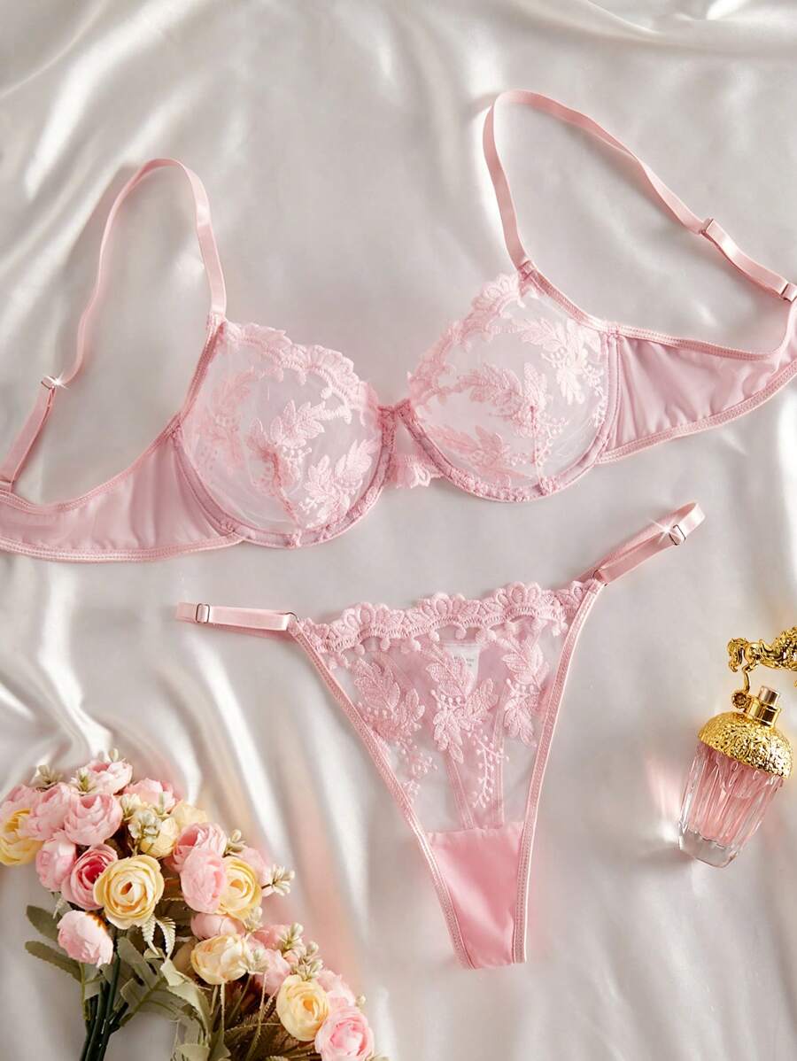 Women's Sexy Lingerie, Floral Embroidery Sheer Mesh Bra Set, Intimate Apparel For Bedroom, Nightclub