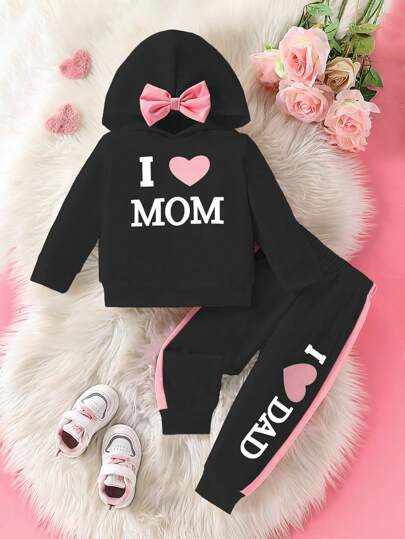 2pcs Baby Girl Casual Slogan Print Solid Color Bow Long Sleeve Hooded Sweatshirt And Patchwork Pants Set, Suitable For Spring & Fall, Fit For Daily, Sports, Casual, Party, Outdoor