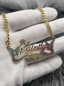 Customized Stainless Steel Nameplate Necklace, Women Matte Color Name Necklace On Chain, Personalized Jewelry With Butterfly & Heart Pendant Valentines - Gold - View 2