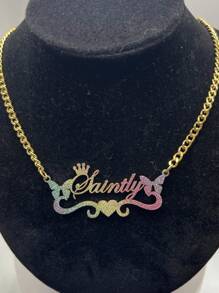 Customized Stainless Steel Nameplate Necklace, Women Matte Color Name Necklace On Chain, Personalized Jewelry With Butterfly & Heart Pendant Valentines - Gold - View 4