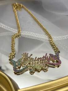 Customized Stainless Steel Nameplate Necklace, Women Matte Color Name Necklace On Chain, Personalized Jewelry With Butterfly & Heart Pendant Valentines - Gold - View 3