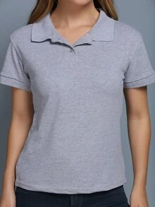 Women's Polo Neck Blouse, Elegant Pigue Fabric, Short Sleeves With Buttons - Xám - Xem 3