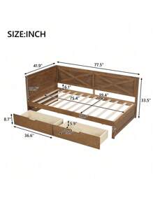 Twin Size Wood Daybed With 2 Drawers And Rustic Guardrail, Ancient Brown(Expected Arrival Time: 8.28),Youngth
