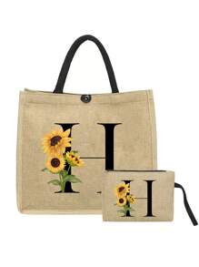 2pcs Linen Tote Bag Set, Including 1 Bag Printed With Letters A-Z And 1 Floral Printed Pouch, Sunflower Floral Print, Letter, Flower Pattern, Personalized Gift Packaging, Yellow Linen Black Tote Bag With Black Snap Closure, Bag Set - Khaki - View 16