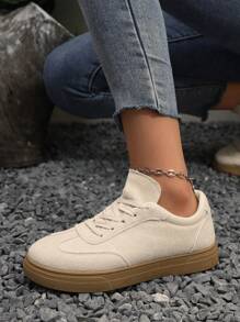 女士白色休闲运动鞋，适合日常穿着、上学和工作 - 米色 - 查看 5