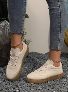 女士白色休闲运动鞋，适合日常穿着、上学和工作 - 米色 - 查看 4