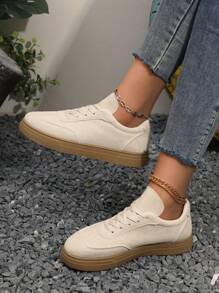 女士白色休闲运动鞋，适合日常穿着、上学和工作 - 米色 - 查看 2